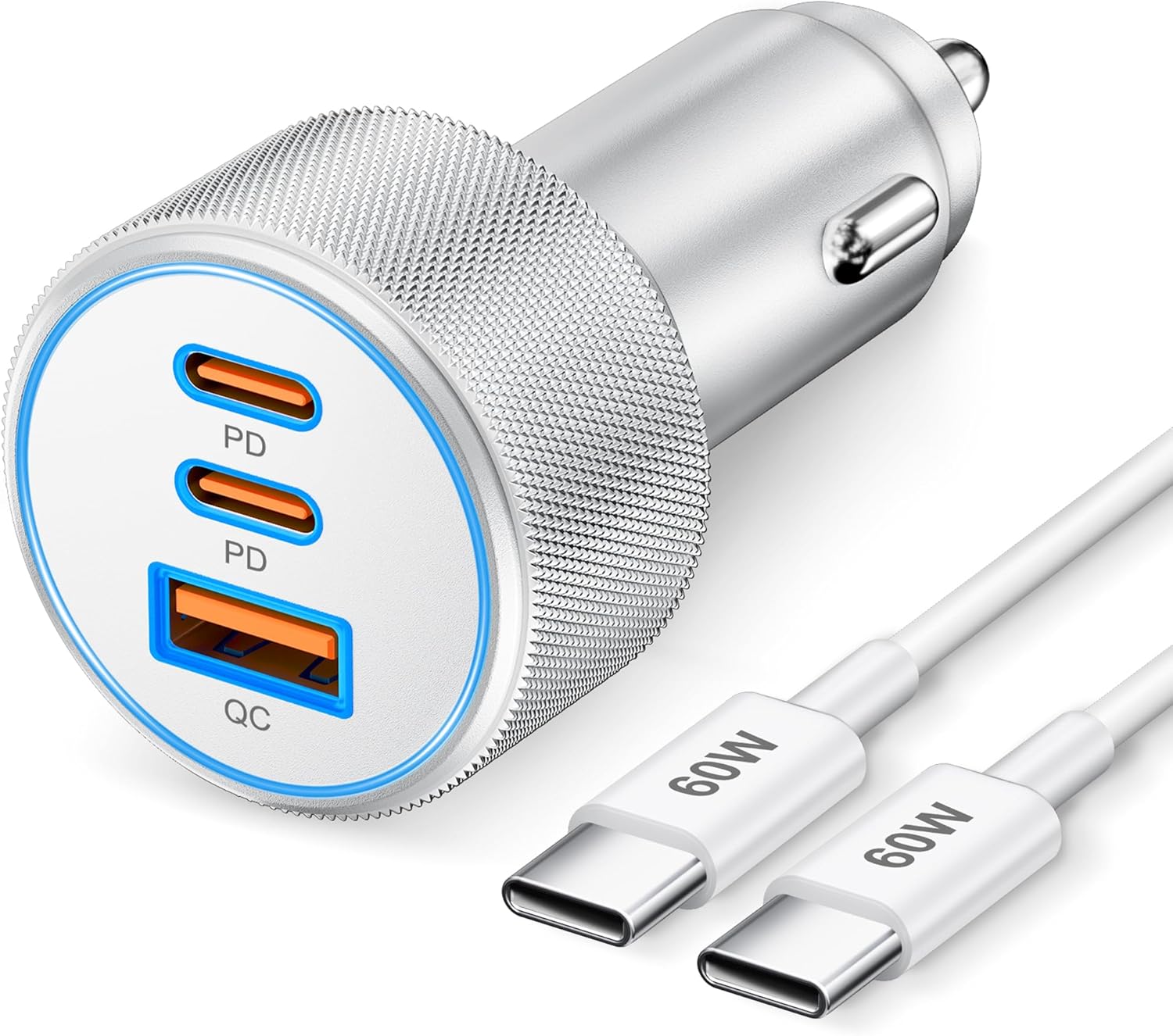 67W 3-Port Super Fast Type C Car Charger USB C for iPhone 17/Air/16/16e/15 Pro Max, Samsung Galaxy S25 S24 S23, Pixel, Android, Car Adapter Accessories for Men Women   3FT USB-C Cable Silver